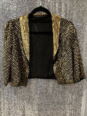 BCBGMaxAzria Black and Gold Sequin Open-Front Blazer